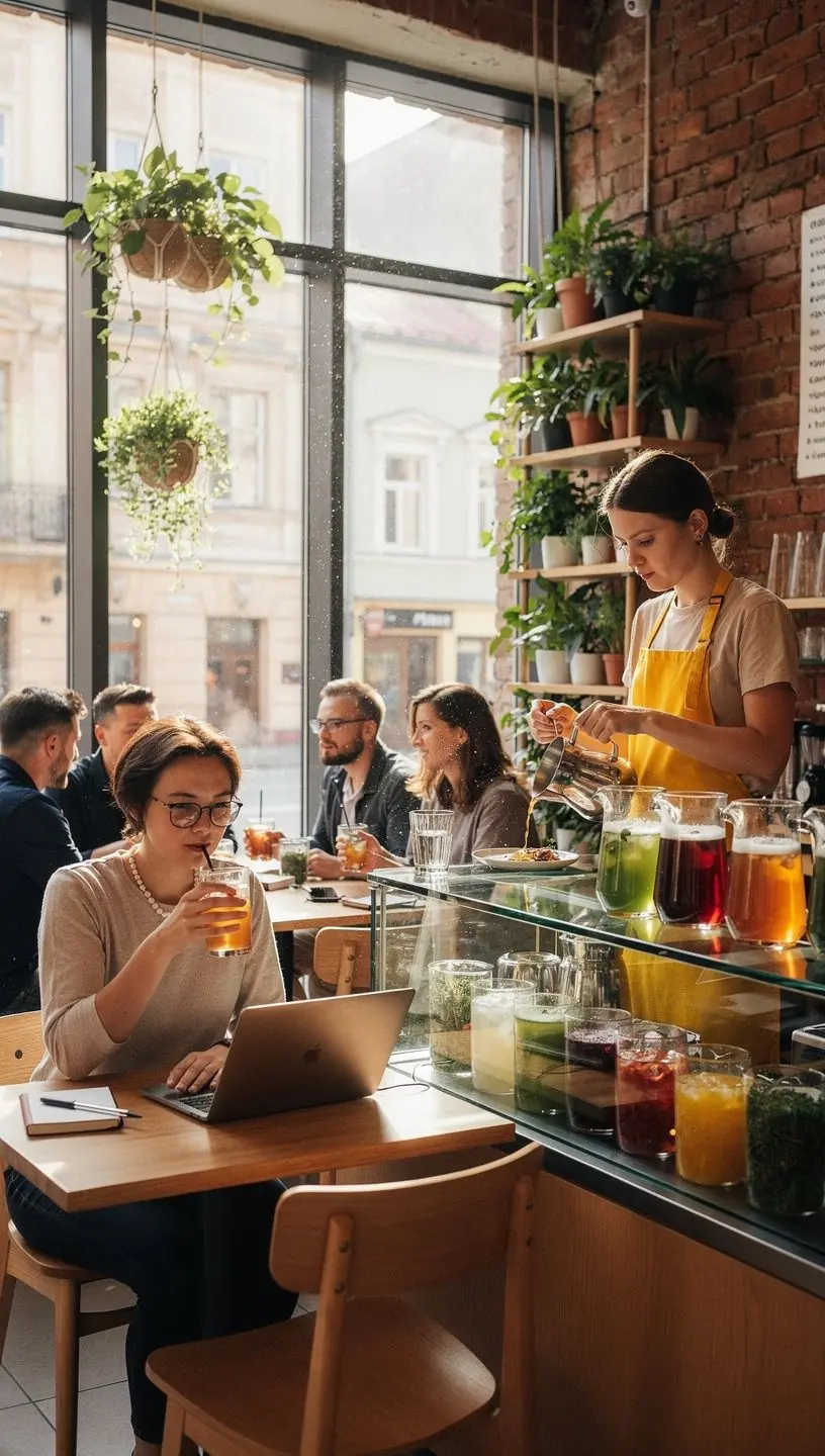 Natūralaus saldiklio stevia arbatos puodelis ant medinio stalo, aplink jį šviežios žolelės.