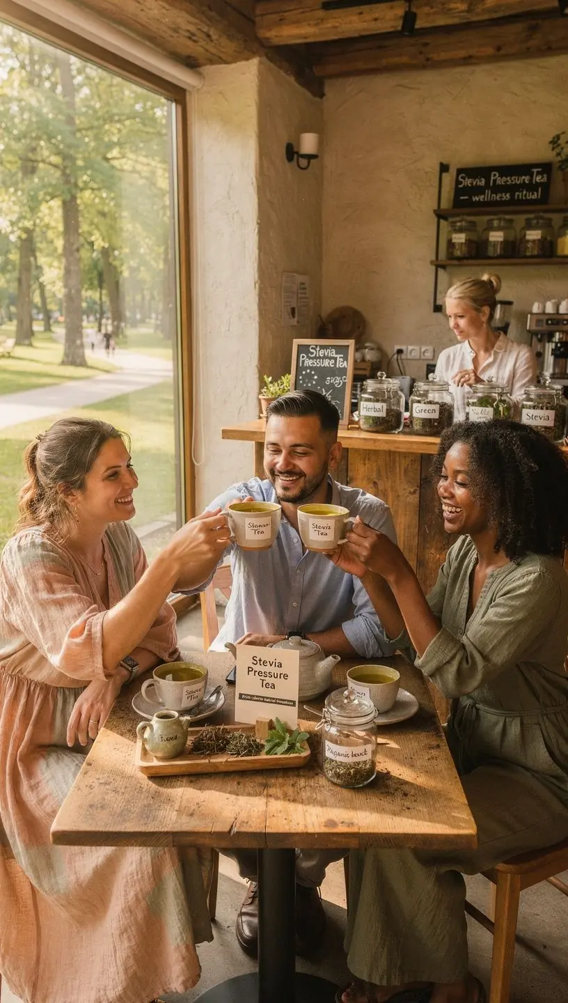 Natūralus stevia arbatos puodelis su šviežiais žolelių lapais.