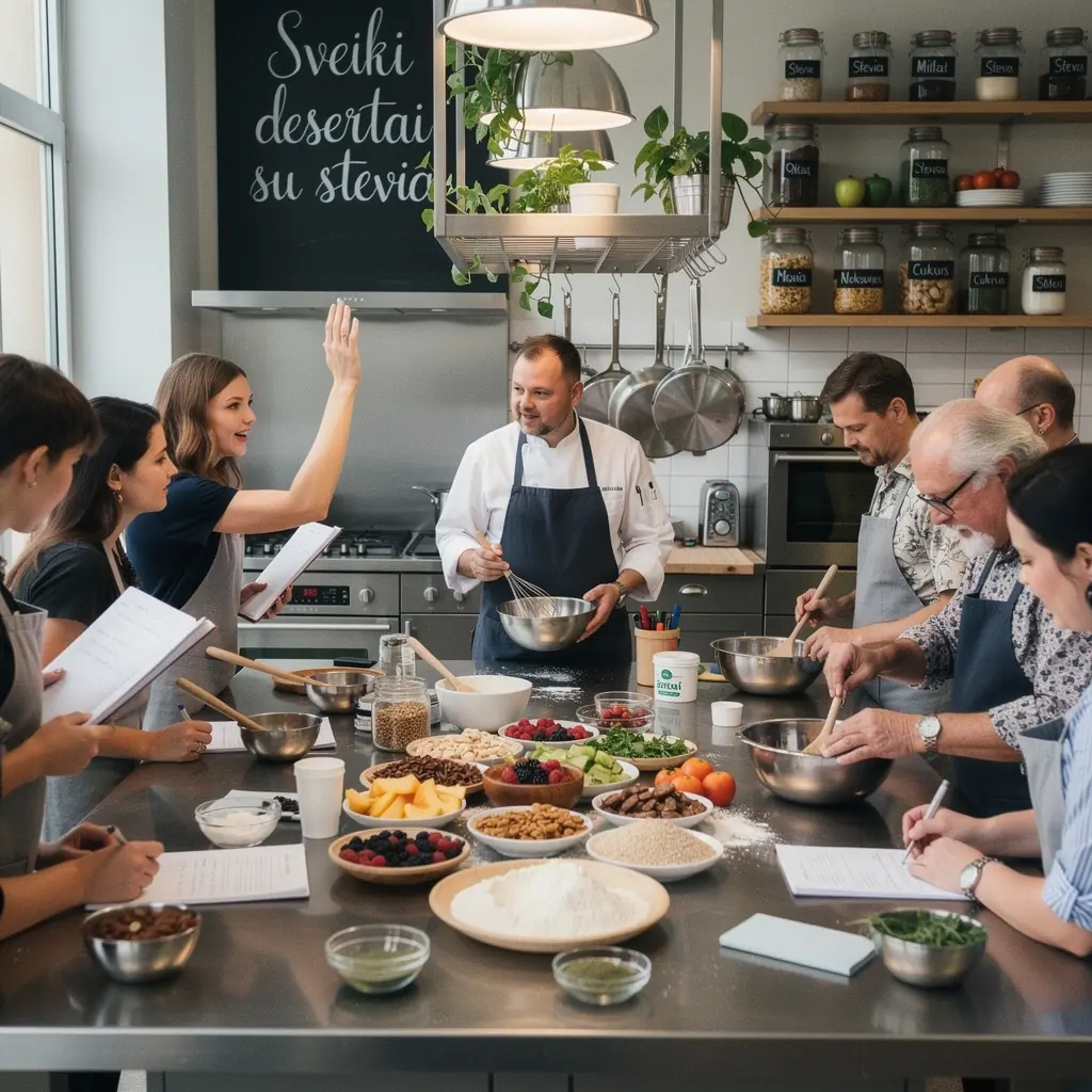 Žalios stevia lapeliai ir džiovinti žolelių mišiniai, skirti arbatai, pateikti šalia švaraus vandens stiklinės.